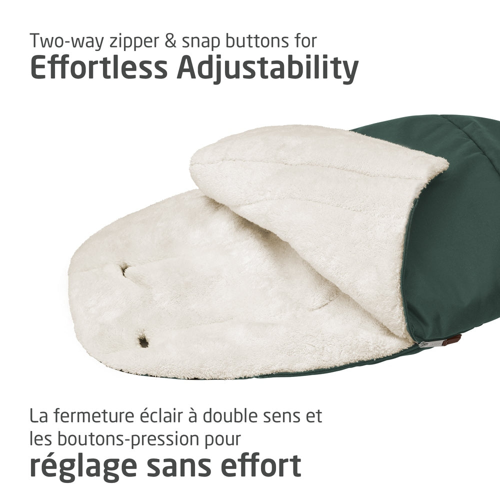 MAXI COSI 2 In 1 Footmuff Twillic Green with plush cream interior, showing zipper and snaps for effortless adjustability.