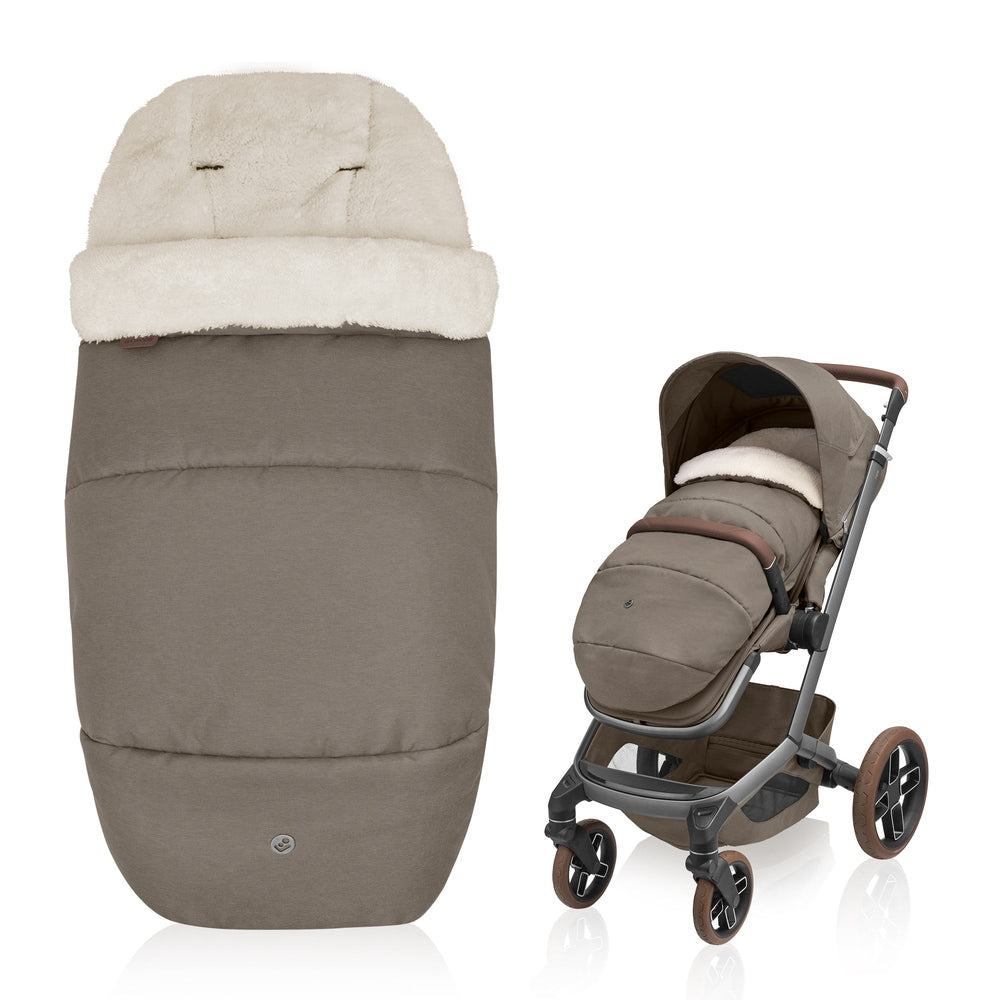 MAXI COSI 2 In 1 Footmuff Twillic Truffle; plush shearling lining shown on a taupe stroller.