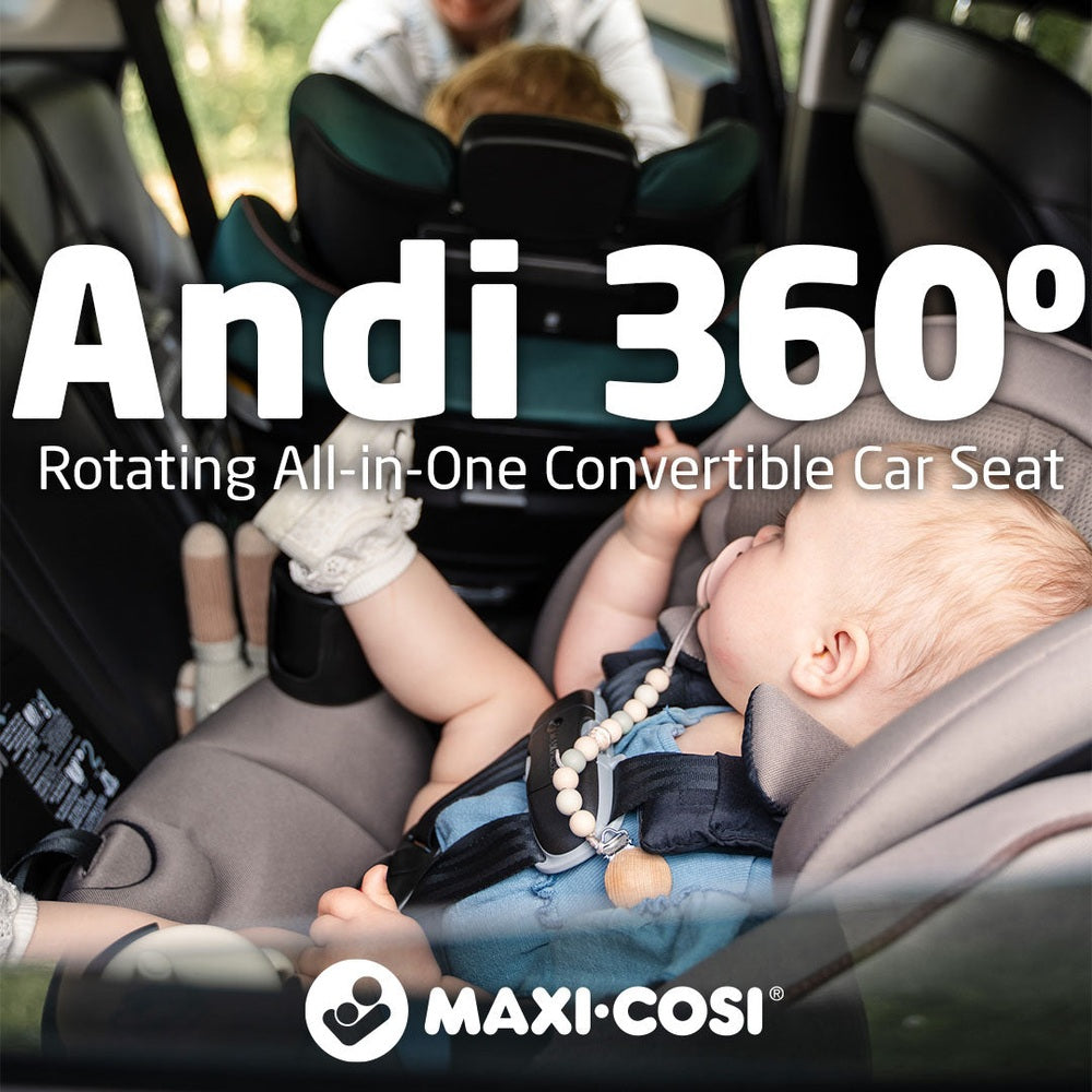 Maxi-Cosi Andi 360 rotating all-in-one convertible car seat with baby in gray fabric