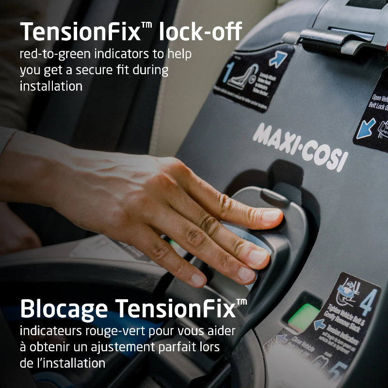 Maxi-Cosi Andi 360 rotating convertible car seat in grey with TensionFix lock-off indicators