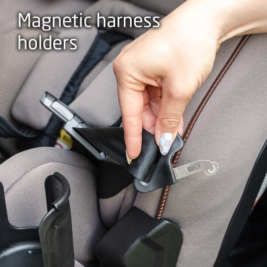 Maxi-Cosi Andi 360 rotating convertible car seat in grey fabric with magnetic harness holders