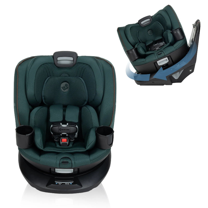 MAXI COSI Andi 360 rotating all-in-one convertible car seat in dark teal with base.