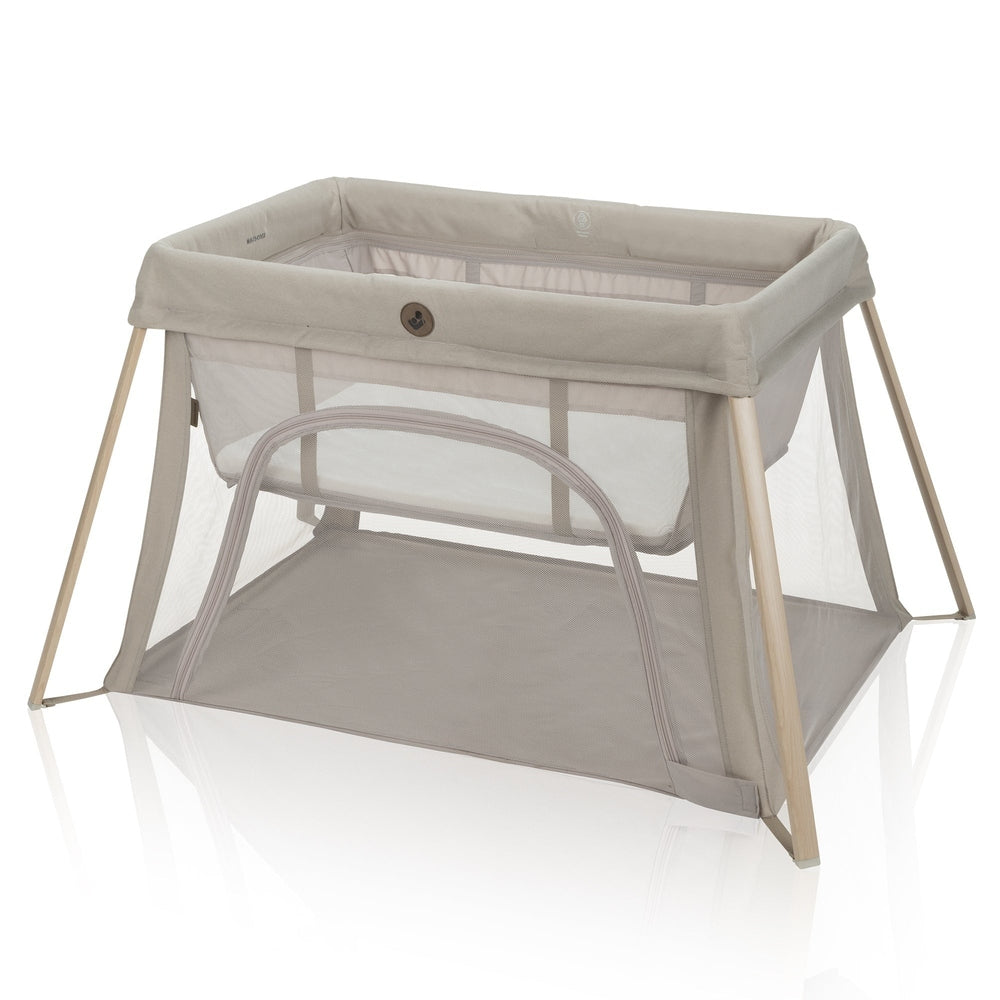 Maxi-Cosi Calao travel crib, beige with breathable mesh and wooden legs