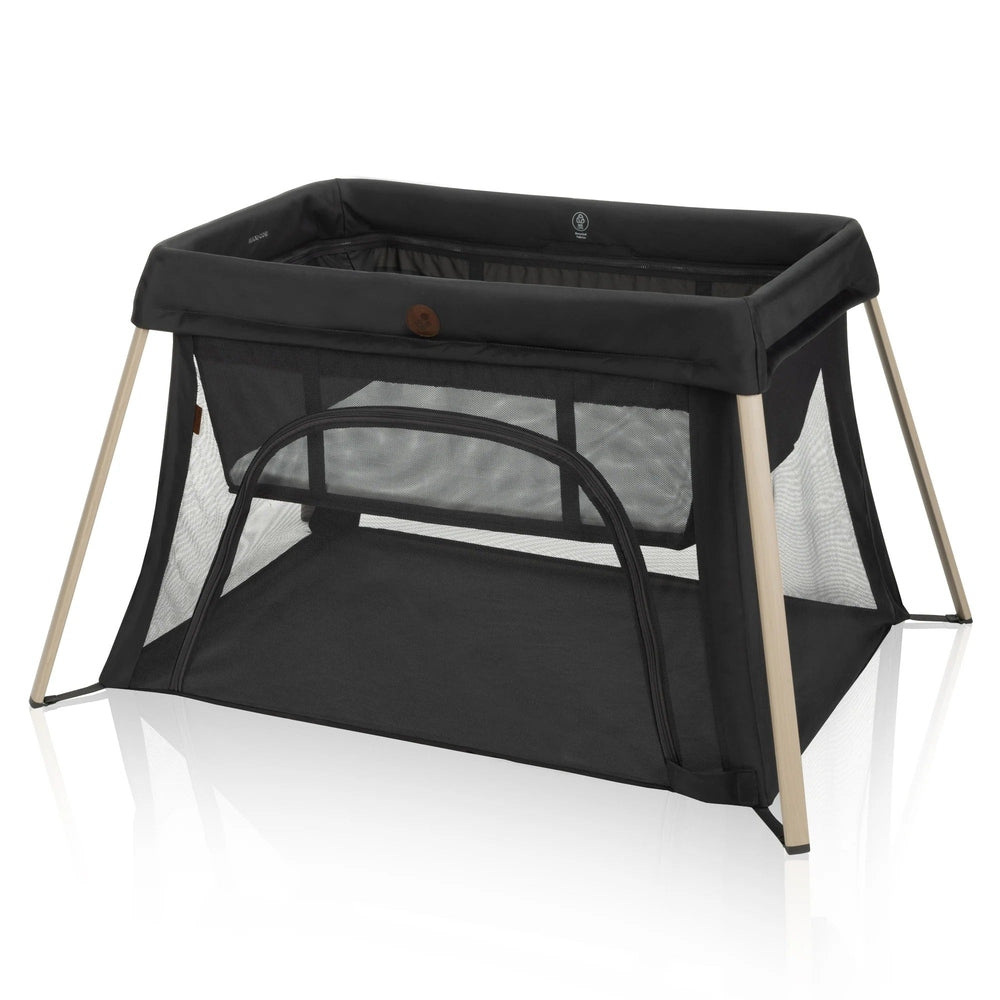 Maxi Cosi Calao Travel Crib in black with wooden legs and mesh sides
