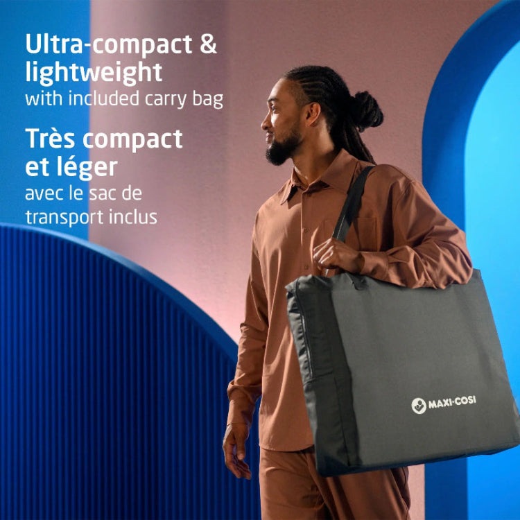 Maxi-Cosi Calao Travel Crib carry bag in gray with brand logo; ultra-compact and lightweight