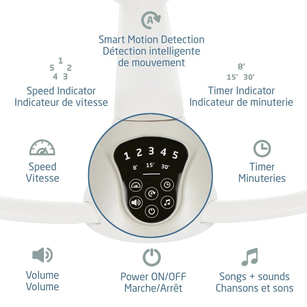 Maxi-Cosi Cassia Swing control panel in use, showing speed, timer, volume and music controls.