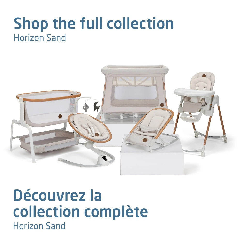 Maxi-Cosi Cassia Swing in Horizon Sand shown with six-piece set and coordinating infant seat and frame.