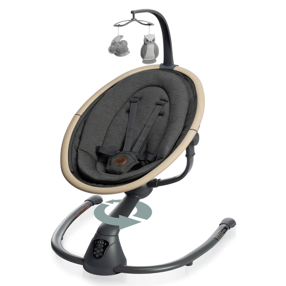 Maxi-Cosi Cassia Swing with grey cushioned seat and light-wood frame, overhead toy bar with hanging animals.