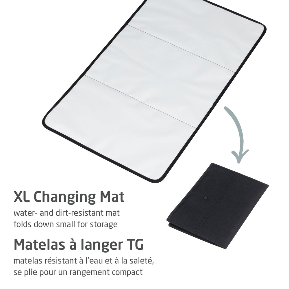 Maxi Cosi Changing Backpack showing an XL changing mat laid flat in white with black trim and a compact folded bag for storage.