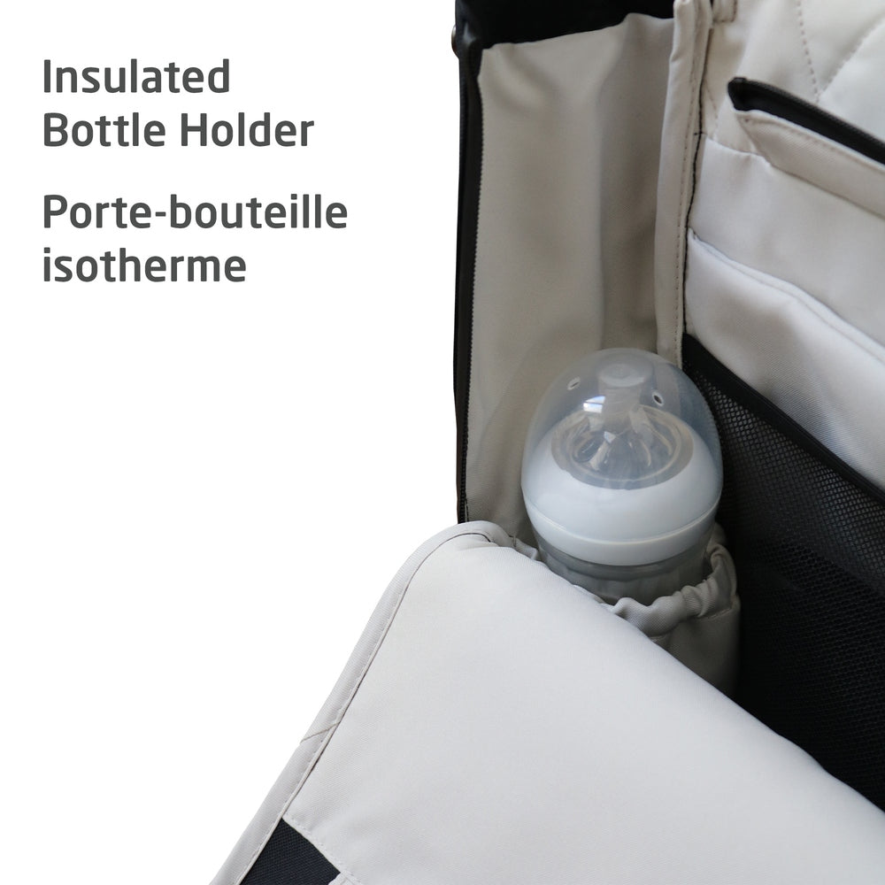 Maxi Cosi Changing Backpack in light gray with insulated bottle holder, bottle in side pocket.
