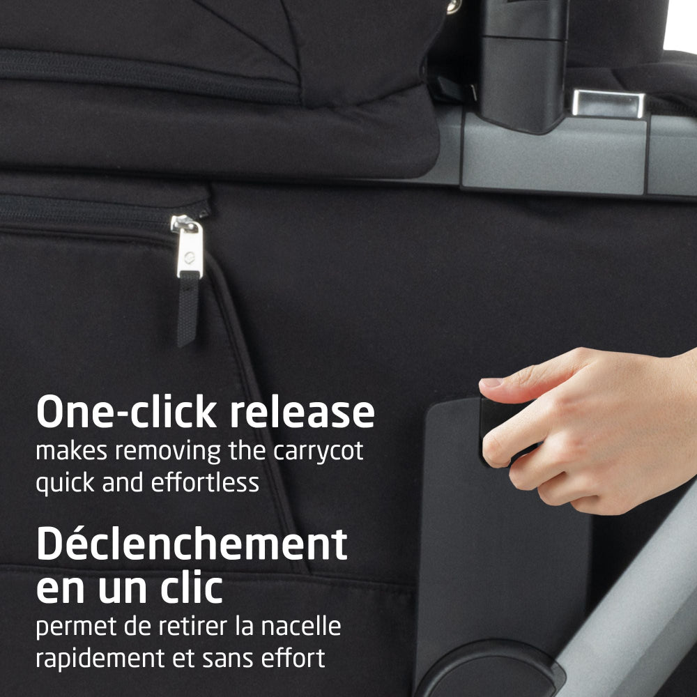 Maxi-Cosi Fame carry cot in black fabric with one-click release mechanism