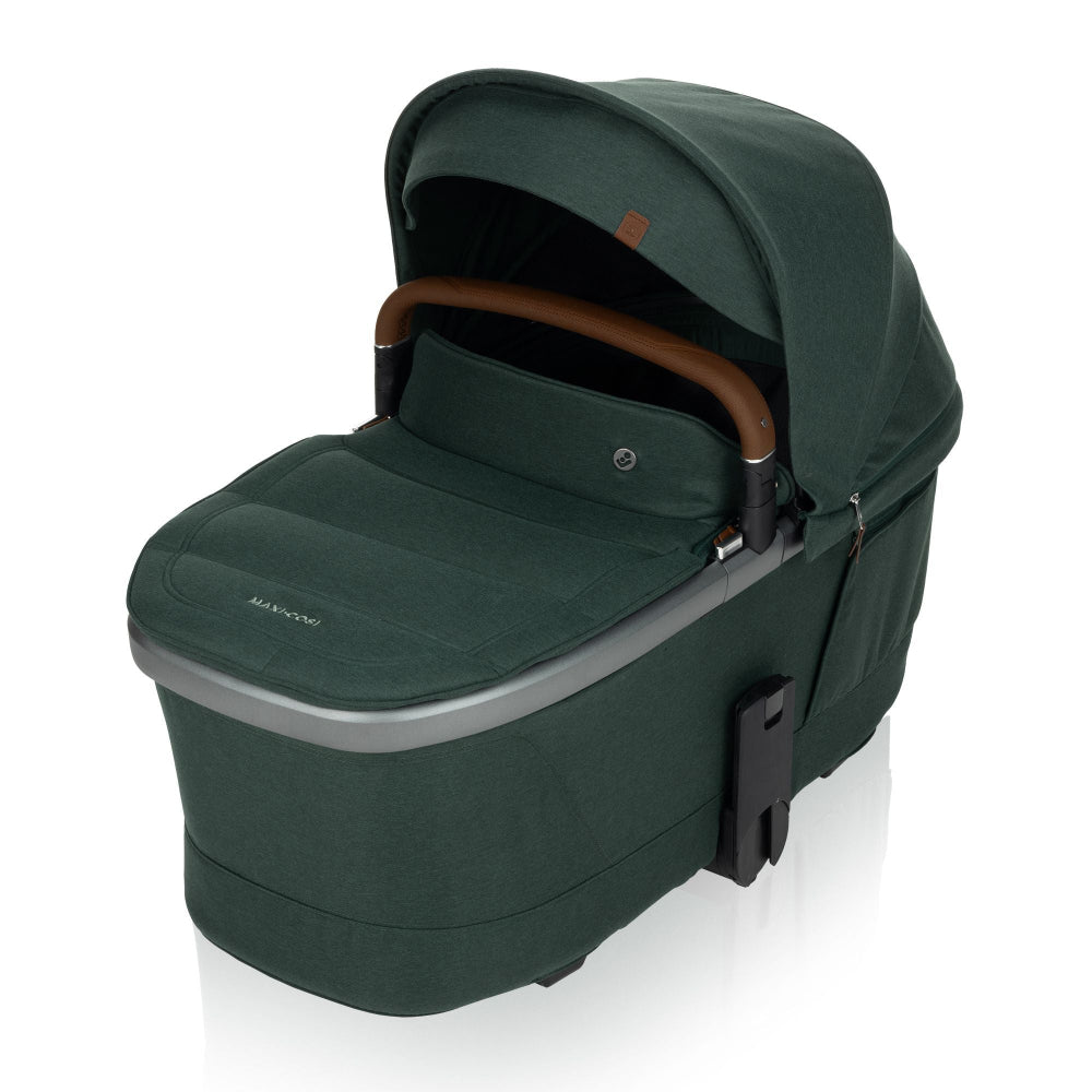 Maxi-Cosi Fame carry cot in dark green with brown leather handle and canopy