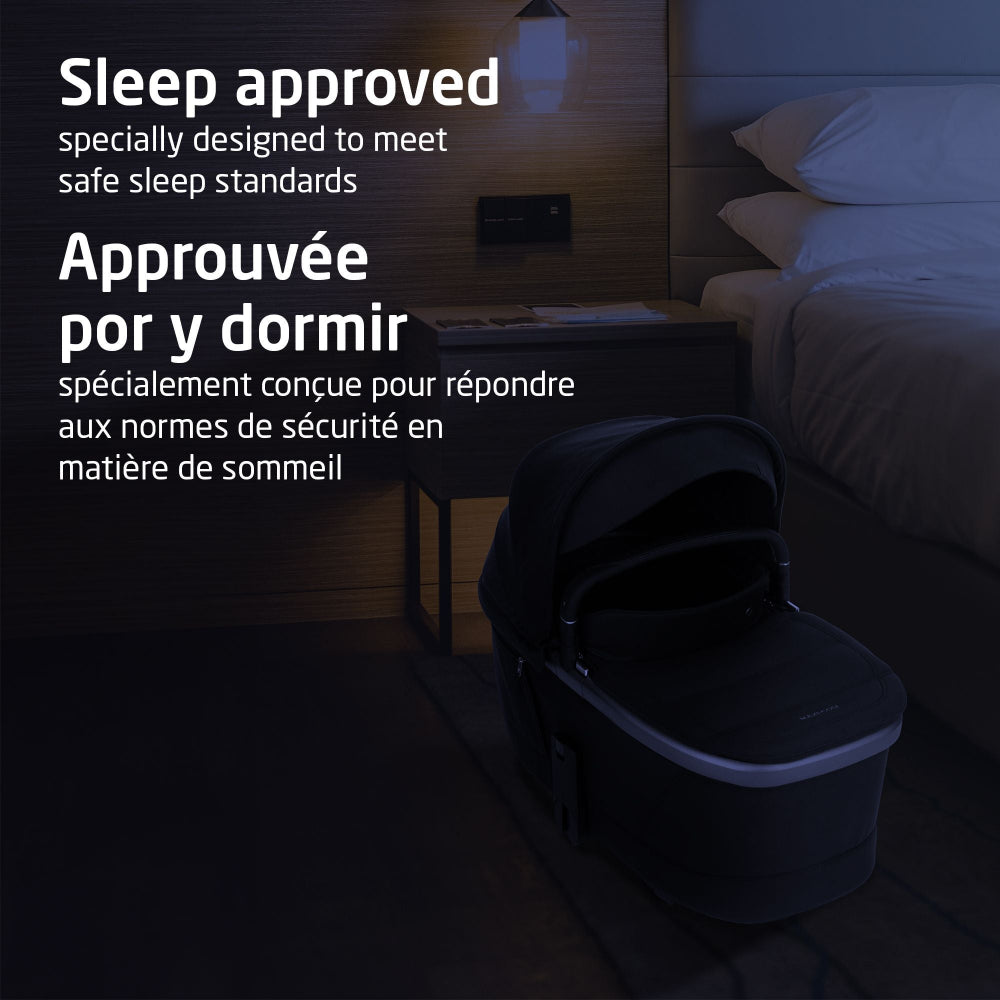Maxi-Cosi Fame carry cot in dark charcoal with a streamlined bassinet for baby transport