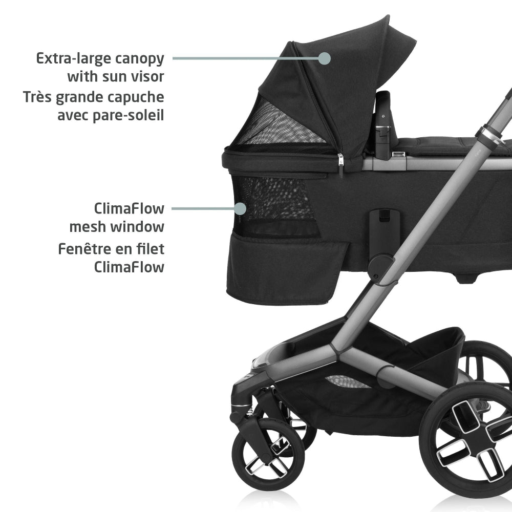 Maxi-Cosi Fame carry cot in black with extra-large canopy, sun visor and ClimaFlow mesh window