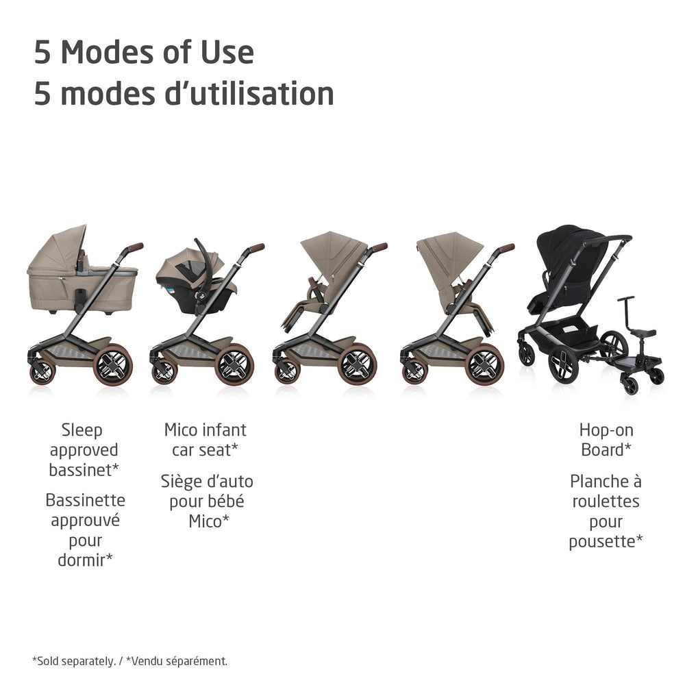Maxi Cosi Fame Stroller in beige in five configurations: bassinet, infant car seat, seated, reclined, hop-on board.