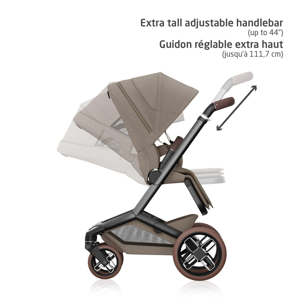 MAXI COSI Fame Stroller in taupe fabric with extra tall adjustable handlebar shown extended for tall parents.