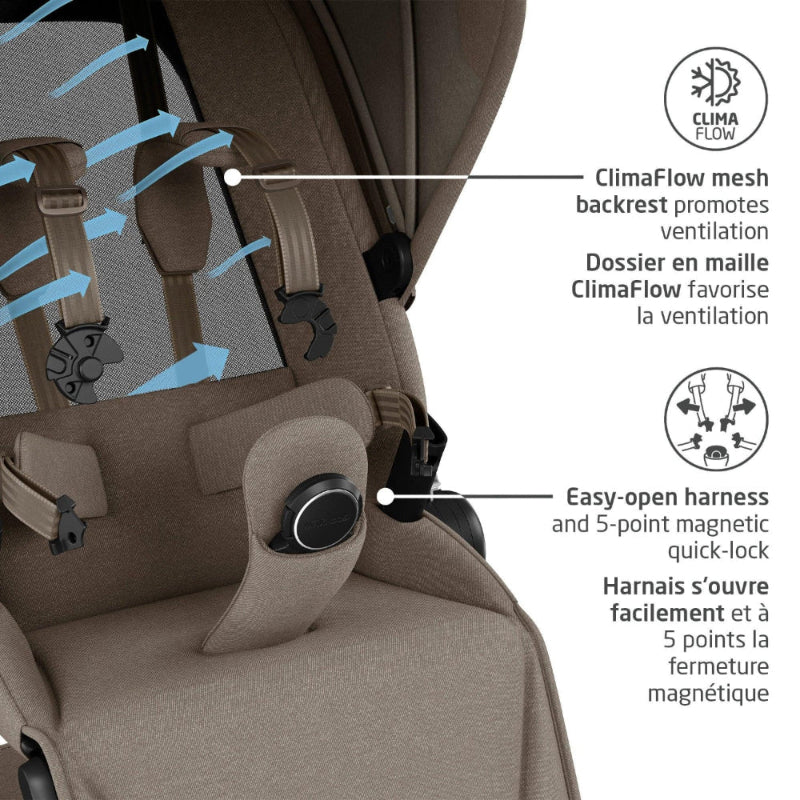 Maxi Cosi Fame Stroller in brown shows ClimaFlow mesh backrest and magnetic 5-point harness in use.