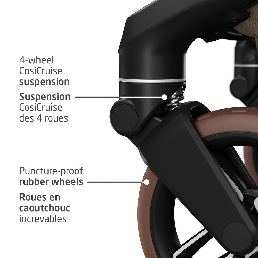 MAXI COSI Fame stroller with four-wheel suspension and puncture-proof brown rubber wheels in use