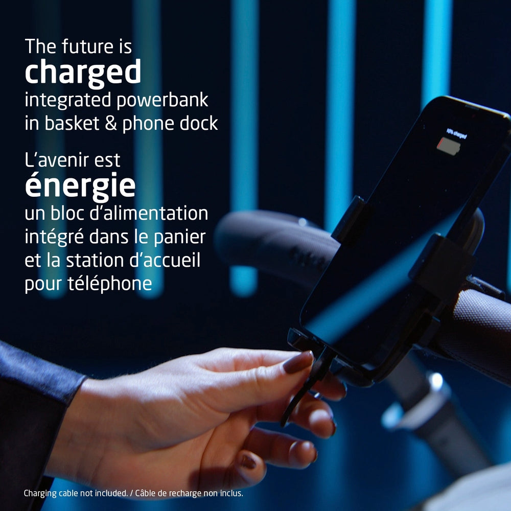 Close-up of a black smartphone in a handlebar mount on a bike, blue neon background; charging cable not included.