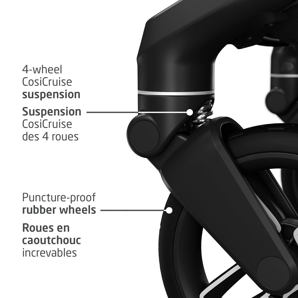 Black Maxi Cosi Fame stroller front wheel with 4-wheel CosiCruise suspension and puncture-proof rubber tire.