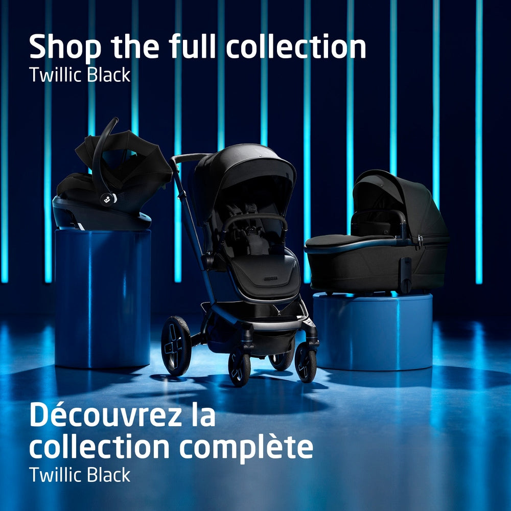 Maxi-Cosi Fame stroller and Mico Luxe+ car seat travel system in Twillic Black; black fabric with blue trim.