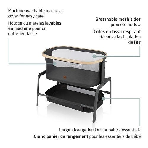 MAXI COSI Iora bedside bassinet with breathable mesh sides and large storage basket on a metal stand