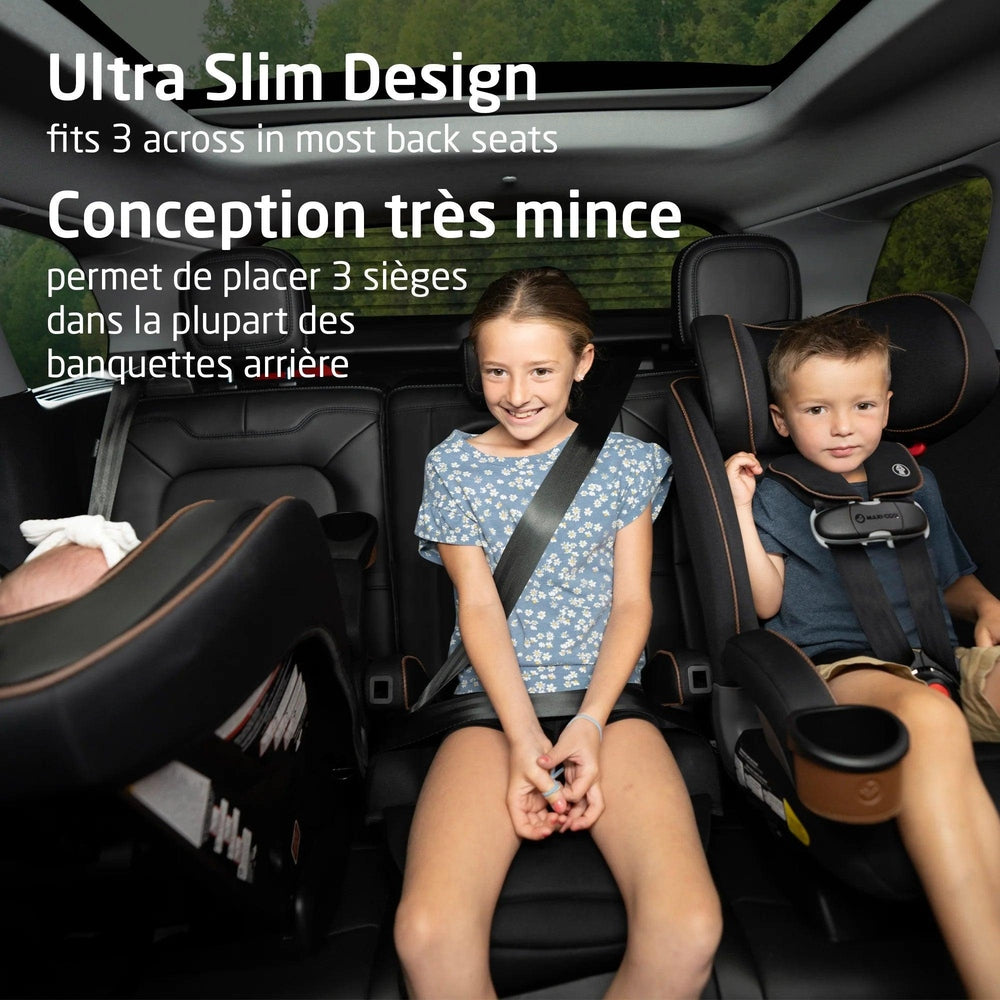 Maxi Cosi Kani 4-in-1 convertible car seat in black with orange piping, installed in back seat beside two children