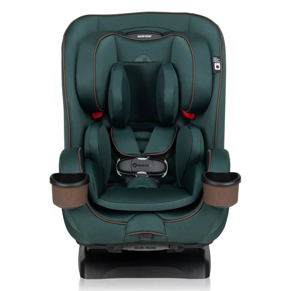 MAXI COSI Kani 4-In-1 Convertible Car Seat in emerald green, with built-in dual cup holders and padded 5-point harness.