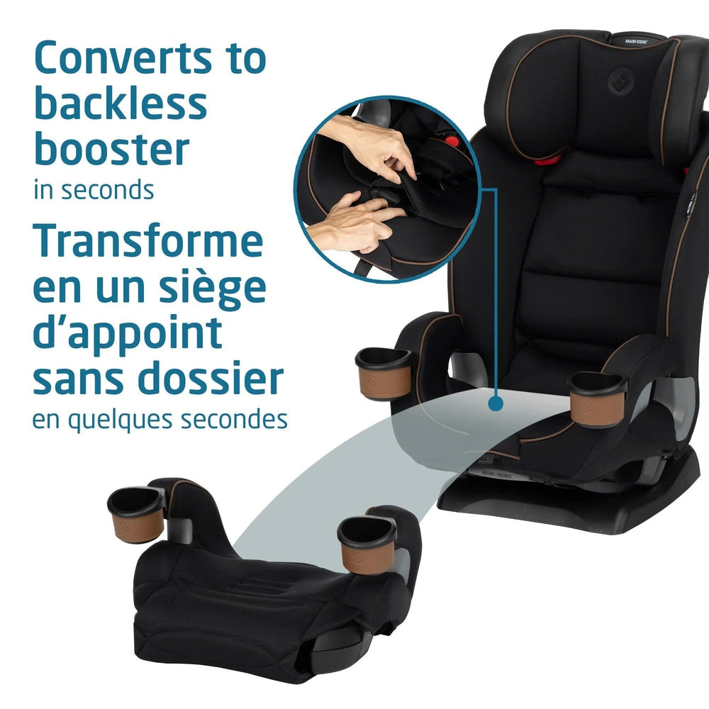 Maxi-Cosi Kani 4-in-1 convertible car seat in black with brown cup holder accents; transforms to backless booster