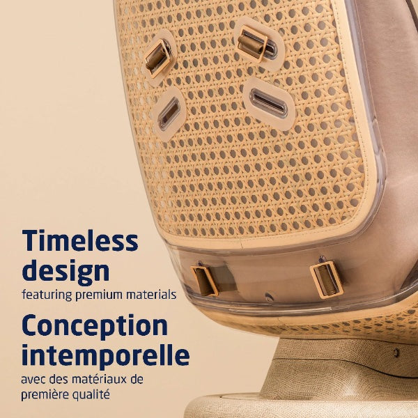 MAXI COSI Kiskadee 360 rotating high chair with beige woven cane back and tan frame