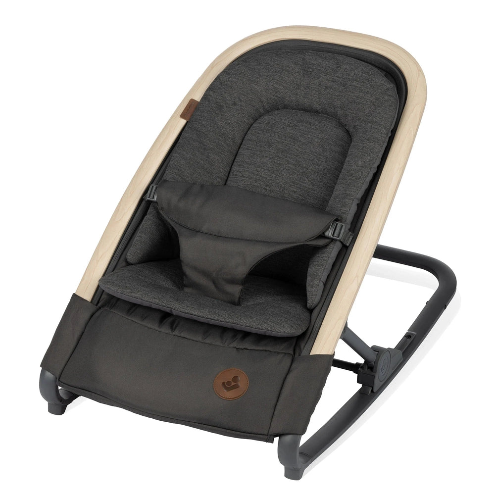 Maxi-Cosi Kori rocker with natural wood frame and dark gray padded fabric