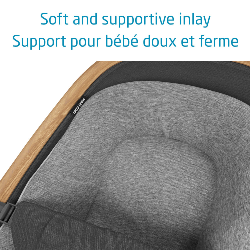 MAXI COSI Kori Rocker with soft grey fabric seat and natural wood frame