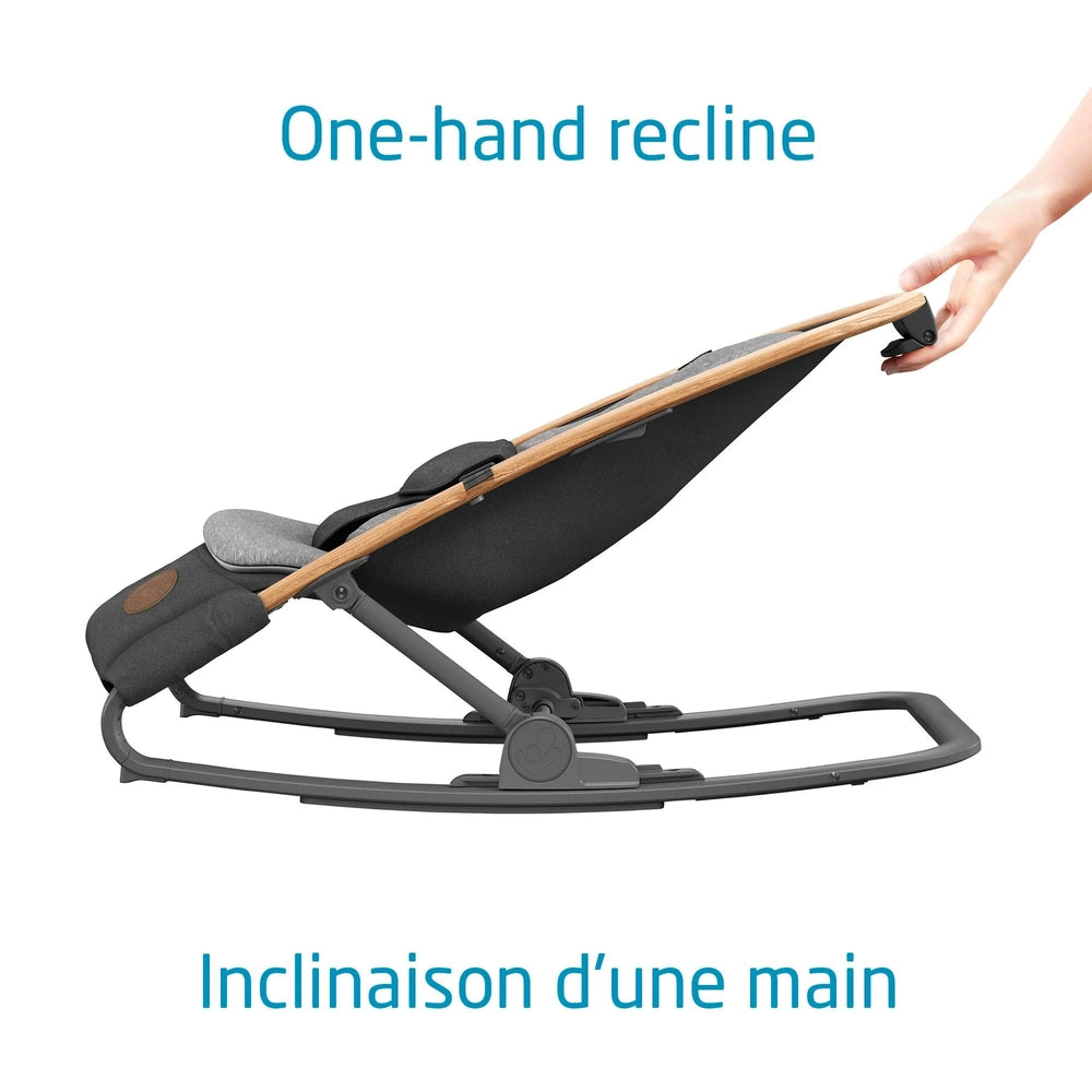 Maxi-Cosi Kori Rocker with wooden armrests and grey fabric, one-hand recline