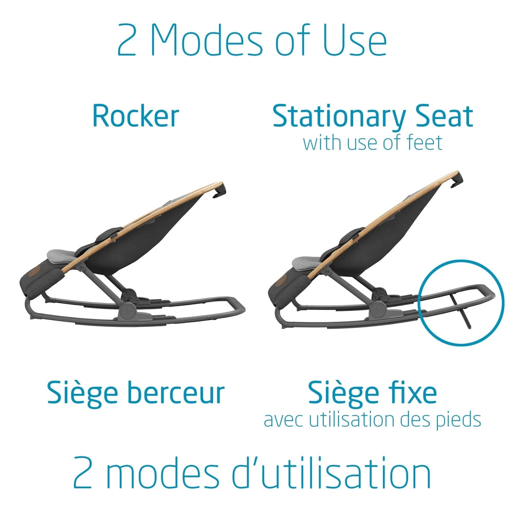 Maxi-Cosi Kori Rocker in rocker and stationary-seat modes; dark gray fabric with wood accents, MAXI COSI
