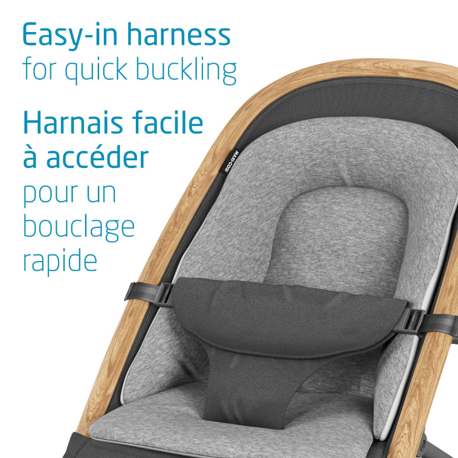 Maxi-Cosi Kori Rocker with wood frame and grey cushioned seat, easy-in harness