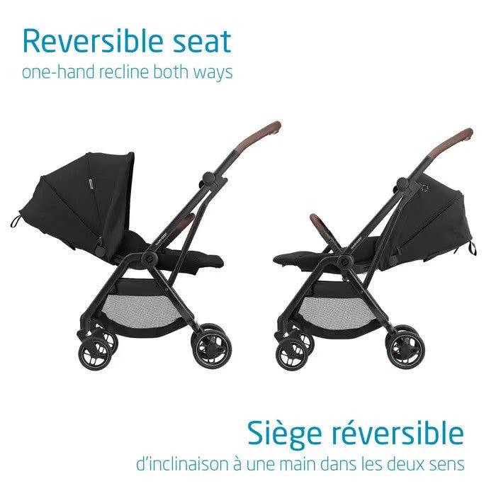 Maxi-Cosi Leona Ultra Compact Stroller in black with reversible seat; two strollers displayed.