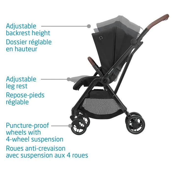 MAXI COSI Leona ultra-compact stroller with adjustable backrest and leg rest, 4-wheel suspension.