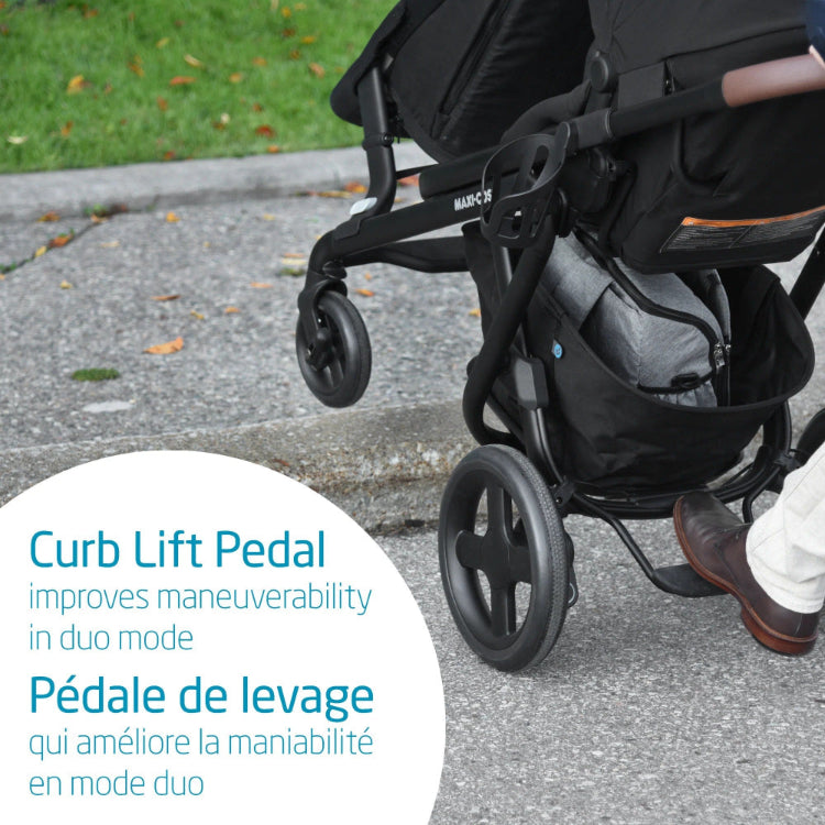 Maxi Cosi Lila Duo Kit stroller in black with curb lift pedal feature