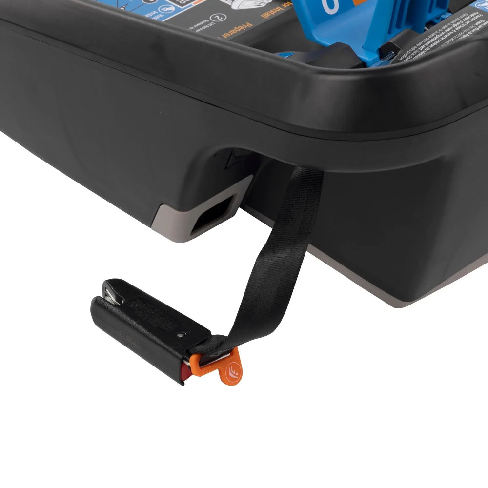 Maxi-Cosi Mico infant car seat base with black strap and orange release tab.