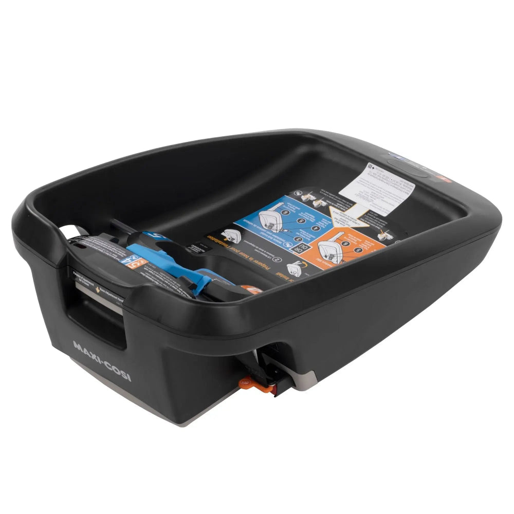 Maxi-Cosi Mico infant car seat base in black plastic with orange LATCH connectors