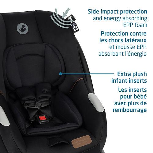 Maxi Cosi Mico Luxe+ infant car seat in black with side-impact protection and plush inserts, baby secured in harness.