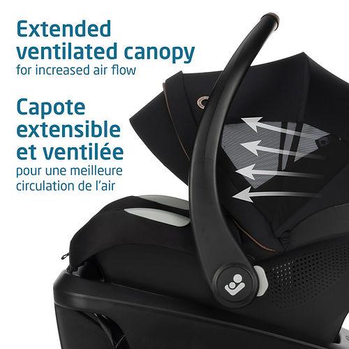 MAXI COSI Mico Luxe+ Infant Car Seat in black with extended ventilated canopy shown with airflow arrows.
