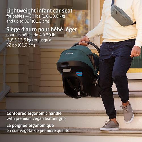 MAXI COSI Mico Luxe+ Infant Car Seat in teal, contoured ergonomic handle gripped by a parent stepping outside.