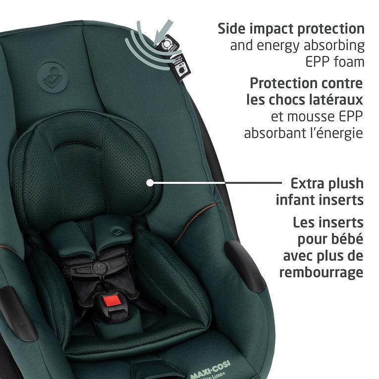 Maxi-Cosi Mico Luxe+ infant car seat in dark green with plush inserts and secure 5-point harness.