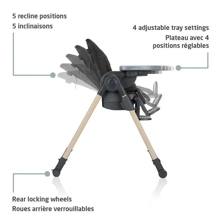 MAXI COSI Minla 6-in-1 high chair with wooden legs; shows 5 recline positions and a 4-position adjustable tray in use.