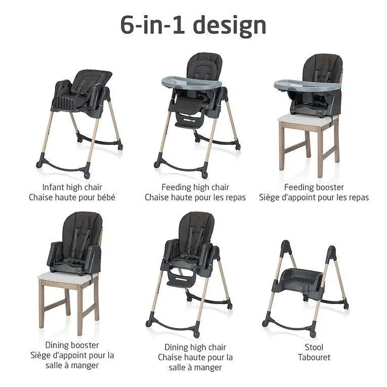 Maxi-Cosi Minla 6-in-1 high chair in beige frame with dark gray seats, shown in six configurations from infant chair to stool.