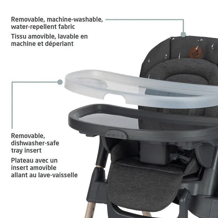 MAXI COSI Minla 6-in-1 High Chair in dark gray with removable washable fabric and a clear, lift-off, dishwasher-safe tray.