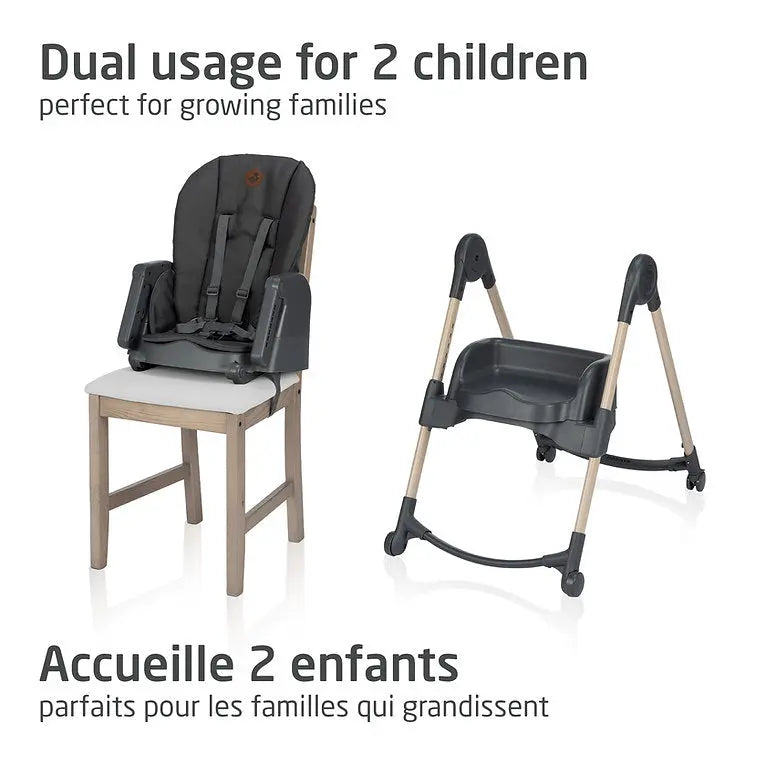Maxi-Cosi Minla 6-in-1 high chair in gray with wood frame, shown with two setups: full chair on a stool and booster stand.