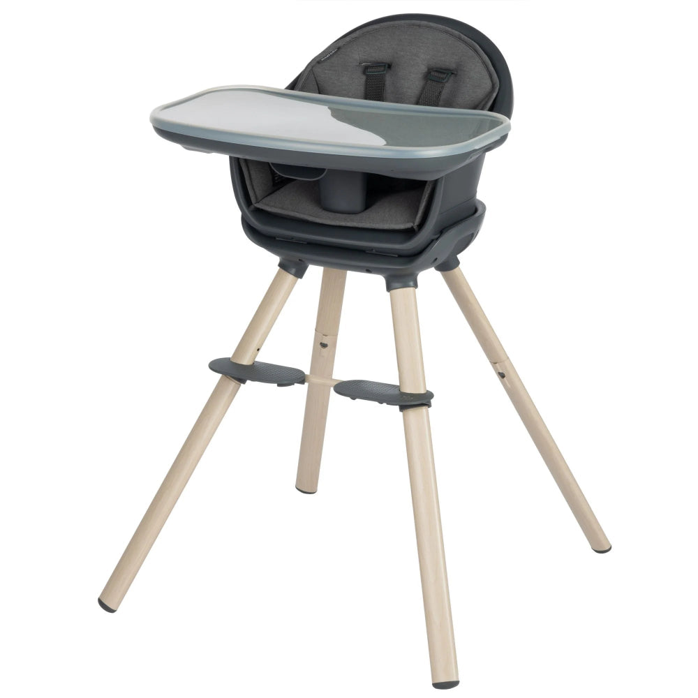 Maxi-Cosi Moa 8-in-1 high chair with gray tray and light wood legs