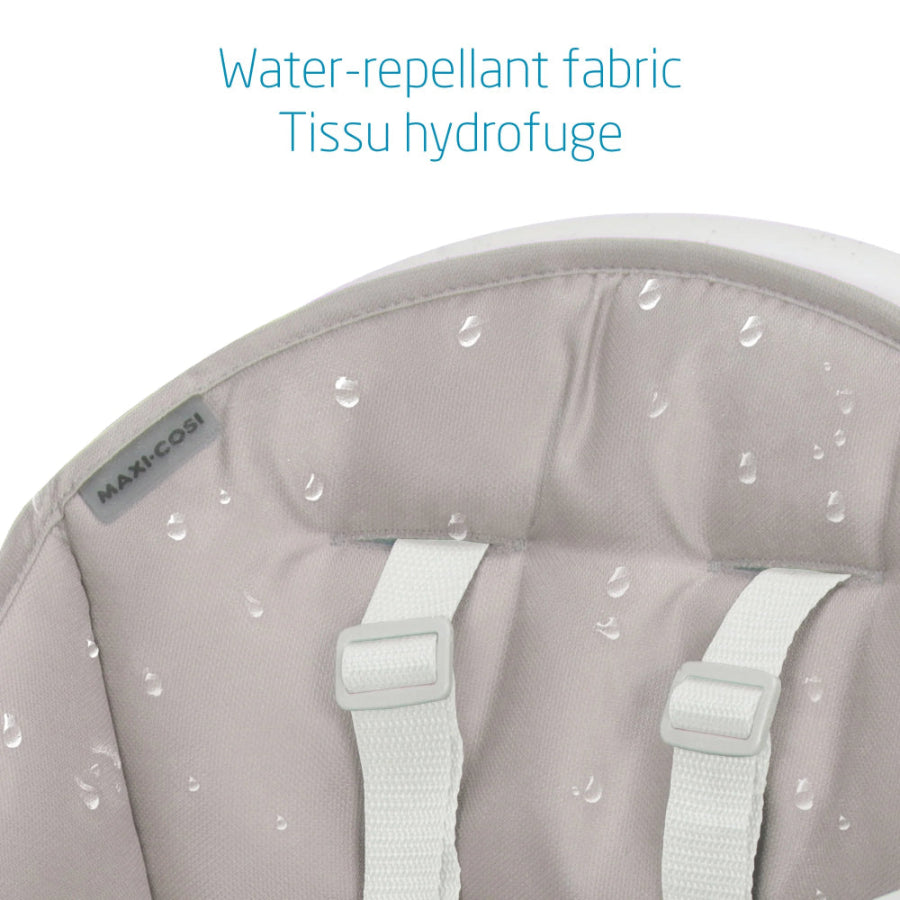 Maxi-Cosi Moa 8-in-1 high chair in light gray water-repellent fabric with white straps